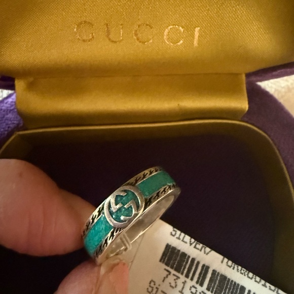 Gucci Silver Band Ring with Teal band accent and Double G - Picture 7 of 11